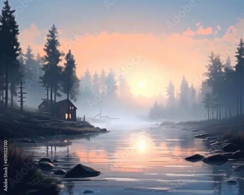 In the morning  a foggy lake landscape photo.  Illustration  Generative AI 