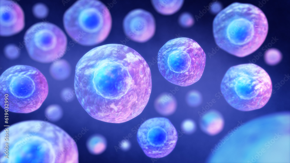 Embryonic stem cells seen under a scanning microscope, 3D rendering.