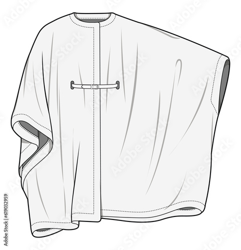Front Open Caftan with Belt, Batwing Abaya with Belt Front and Back View. Fashion Flat Sketch Vector Illustration, CAD, Technical Drawing, Flat Drawing, Template, Mockup.