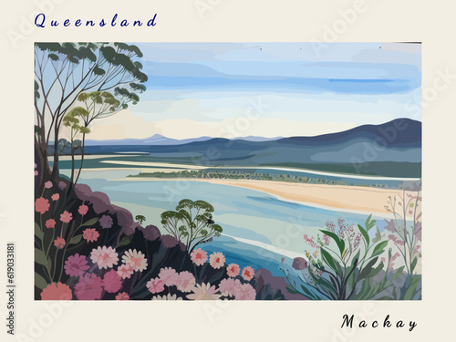 Mackay: Postcard design with a scene in Australia and the city name Mackay