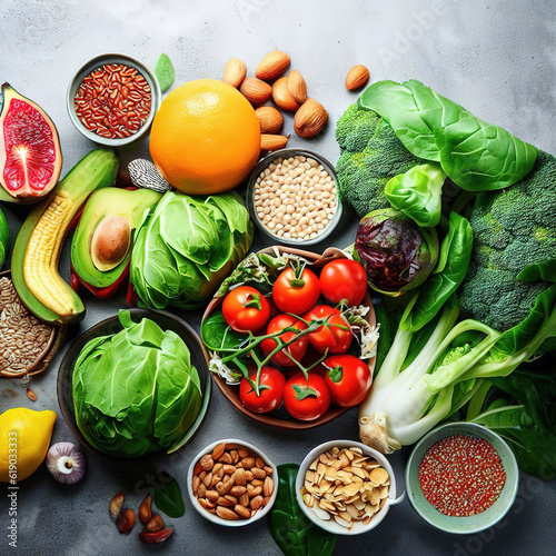 Healthy food clean eating selection: fruit, vegetable, seeds, superfood, cereal, leaf vegetable on gray concrete background with Generative AI.