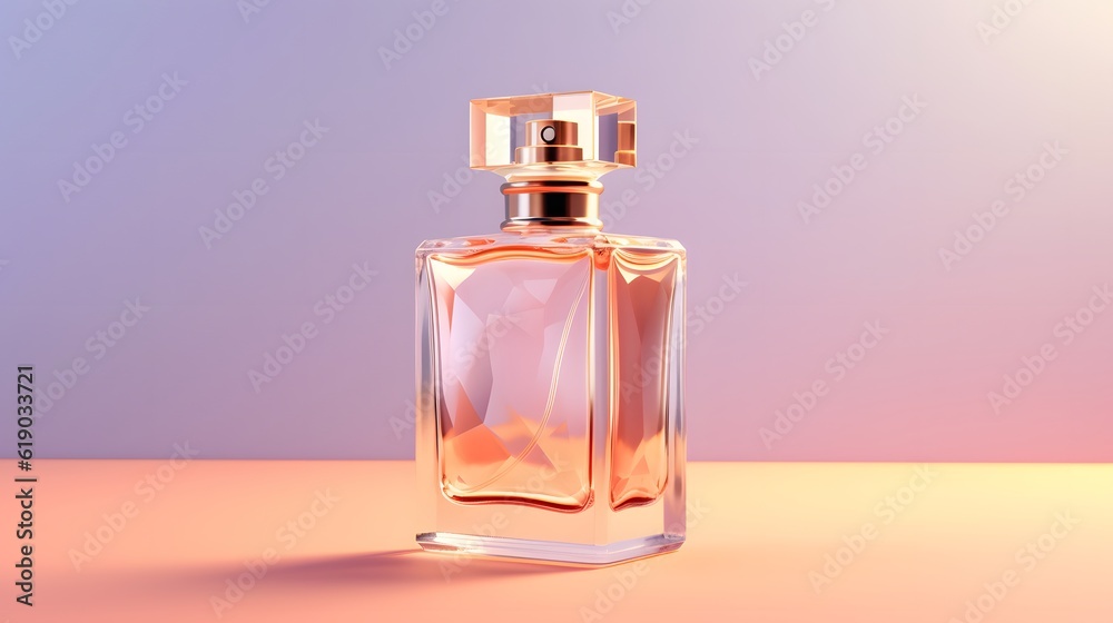 Clear perfume bottle on beautiful pink, orange and purple gradient background. Women's essence. generative ai Clear perfume bottle on beautiful pink, orange and purple gradient background. Women's essence. generative ai