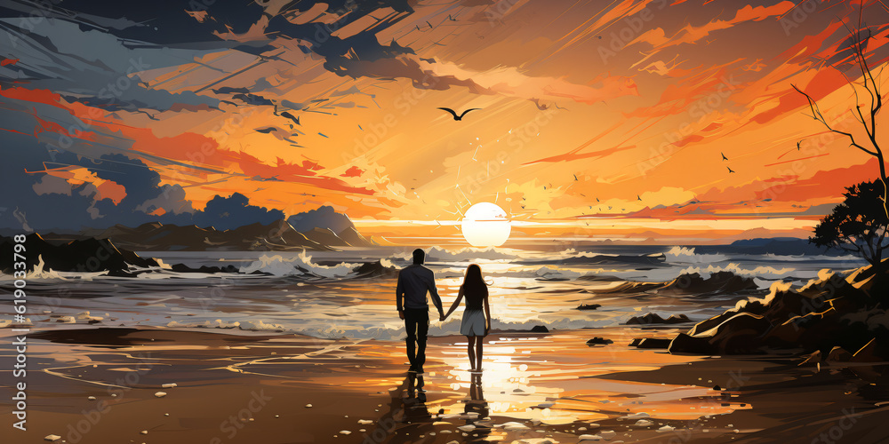 silhouette of couple walking on beach at sunset in watercolor design