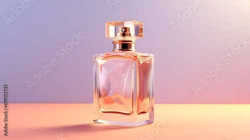Clear perfume bottle on beautiful pink, orange and purple gradient background. Women's essence. generative ai