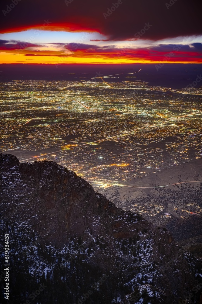 Stunning panoramic view of a city skyline illuminated by the setting sun in Albuquerque, New Mexico