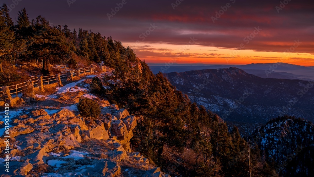 Breathtaking view of the Sandia Peak Trail in Albuquerque, New Mexico at sunset