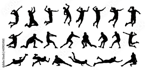 Super set men volleyball players on white background isolated. Silhouette of men volleyball players with different poses - Jumping smash and saves vector illustration