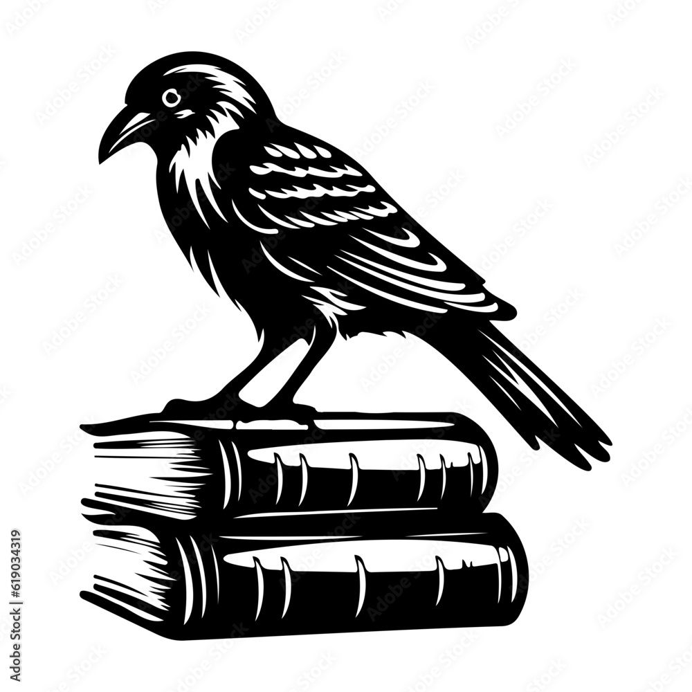 Naklejka premium Occult witchcraft raven crow spirit animal, dark raven sits on books