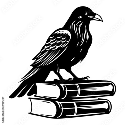 Occult witchcraft raven crow spirit animal, dark raven sits on books
