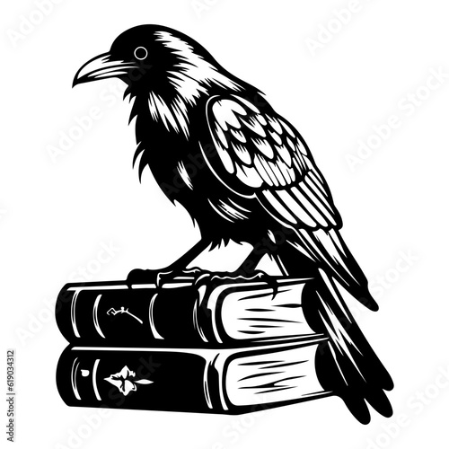Occult witchcraft raven crow spirit animal, dark raven sits on books