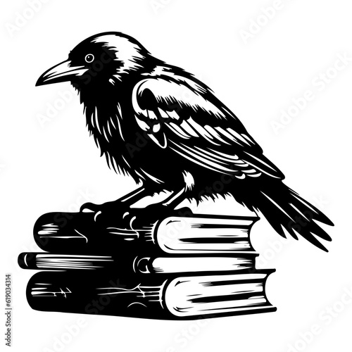 Occult witchcraft raven crow spirit animal, dark raven sits on books