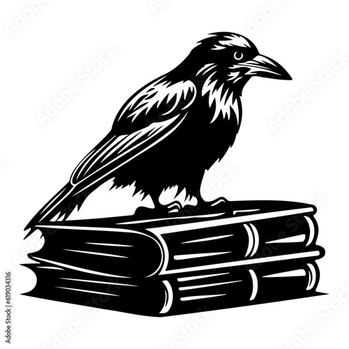 Occult witchcraft raven crow spirit animal, dark raven sits on books