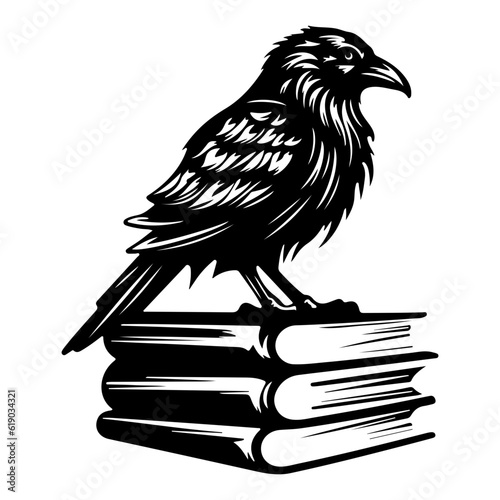 Occult witchcraft raven crow spirit animal, dark raven sits on books