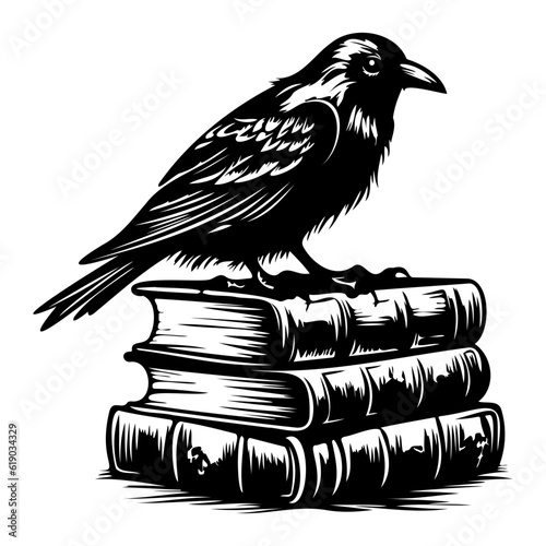 Occult witchcraft raven crow spirit animal, dark raven sits on books