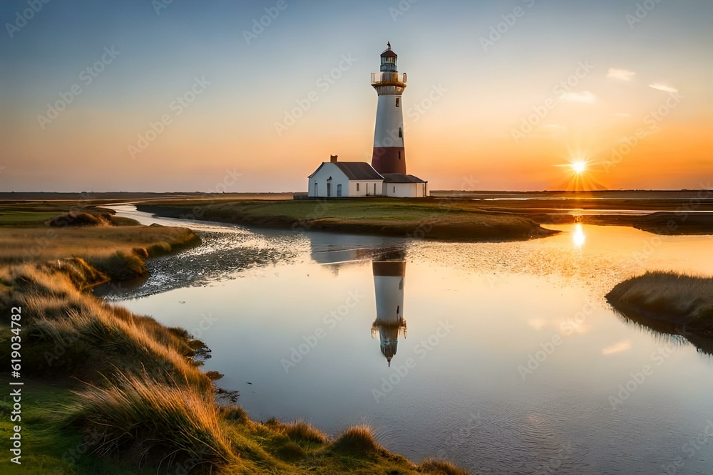 lighthouse at sunset generated Ai