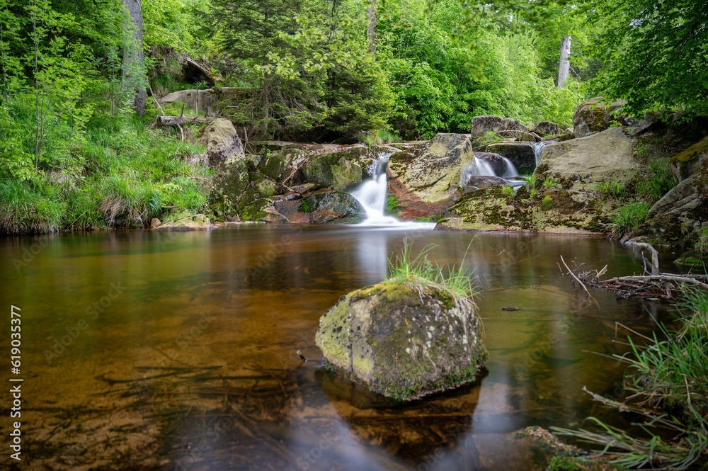 Tranquil mountain stream cutting through the lush green Ilse valley in Germany. Tranquil mountain stream cutting through the lush green Ilse valley in Germany.