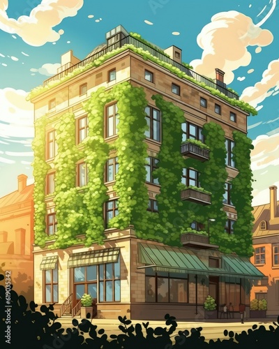 Sunlit building adorned by green leaves. (Illustration, Generative AI)