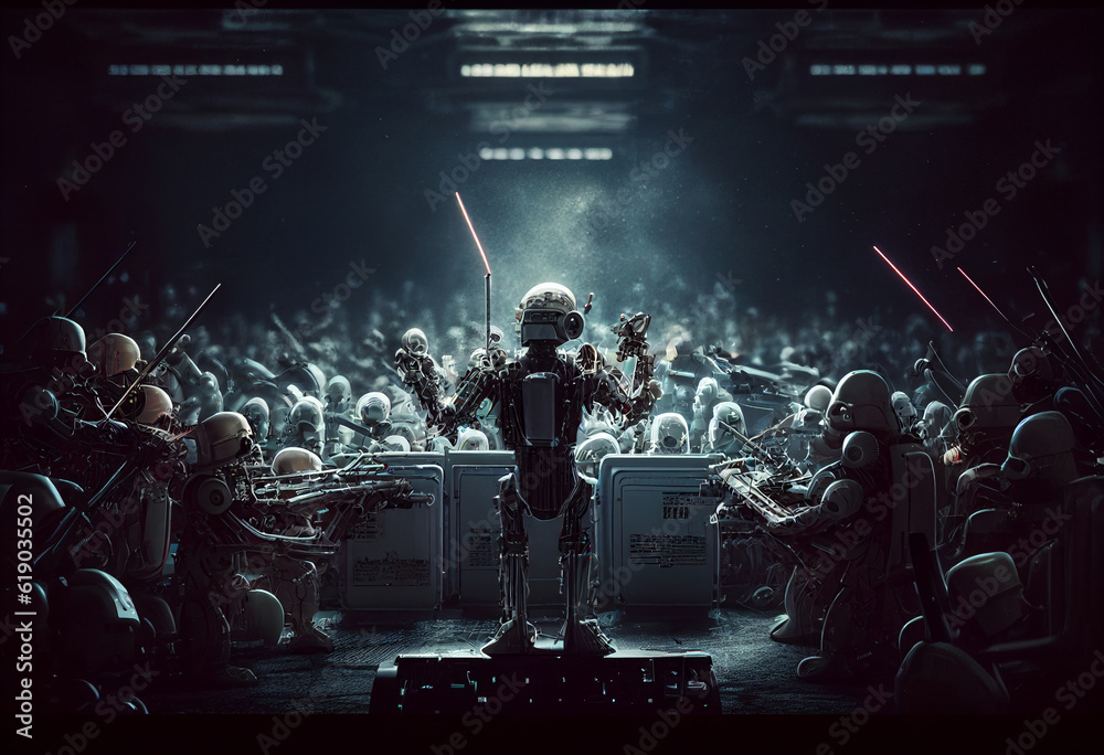 Robot conductor leads a robotic orchestra. AI Generated