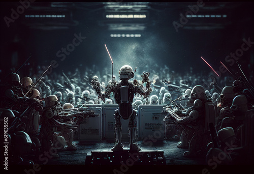 Robot conductor leads a robotic orchestra. AI Generated