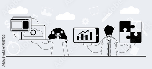A team that specializes in SEO . trendy example in a linear style. Trendy style, Vector Illustration