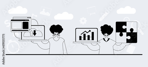 A team that specializes in SEO . trendy exemplar in a analogue manner. Trendy style, Vector Illustration