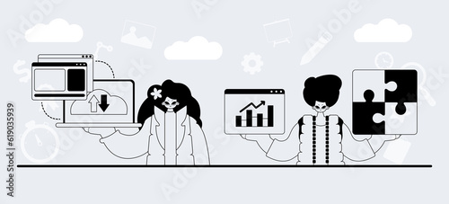 A team that specializes in SEO . trendy exemplar in a analogue manner. Trendy style, Vector Illustration