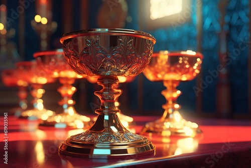 Eucharist Feast of Corpus Christi. Jesus Christ in the monstrance present in the Sacrament of the Eucharist. holy grail, bronze and gold cup with christian and religious cross. Jesus Christ.