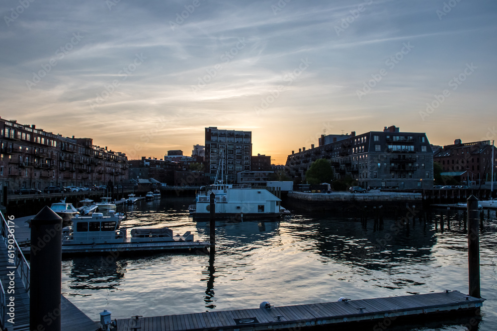 Ships near the port during dusk in Boston, Massachusetts