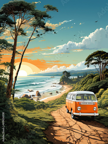 Fotografie Volkswagen van t2 avec une plage en arrière plan, IA générative, Générative, IA