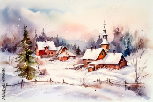 Watercolor winter village with church and trees isolated on white background. Christmas card. winter Christmas village on snowy background. Hand drawn watercolor illustration © Александр Ткачук