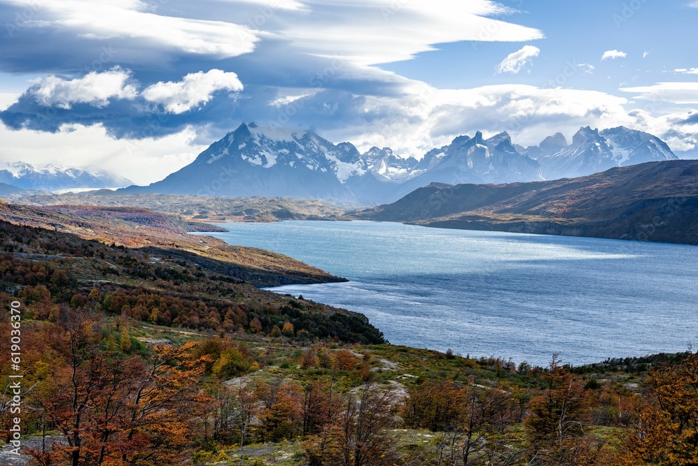 Tranquil lake surrounded by majestic mountains. Torres del Paine, Chile, Patagonia.