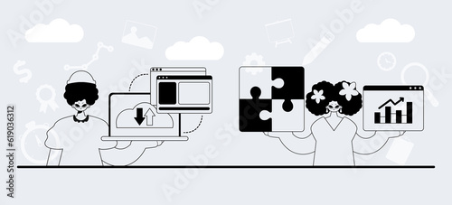 A team that specializes in SEO . trendy exemplar in a analogue manner. Trendy style, Vector Illustration