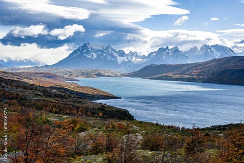 Tranquil lake surrounded by majestic mountains. Torres del Paine, Chile, Patagonia.