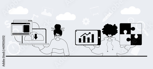 A team that specializes in SEO . trendy exemplar in a analogue manner. Trendy style, Vector Illustration