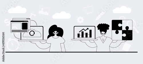 A team that specializes in SEO . trendy exemplar in a analogue manner. Trendy style, Vector Illustration