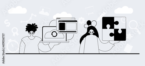 A team that specializes in SEO . trendy exemplar in a analogue manner. Trendy style, Vector Illustration