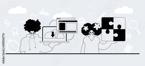 A team that specializes in SEO . trendy exemplar in a analogue manner. Trendy style, Vector Illustration
