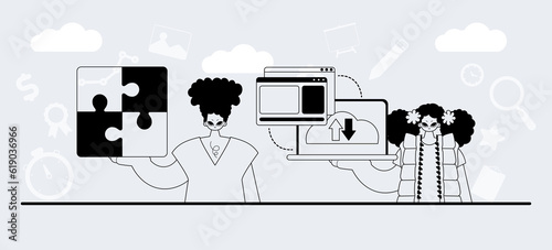 A team that specializes in SEO . trendy exemplar in a analogue manner. Trendy style, Vector Illustration