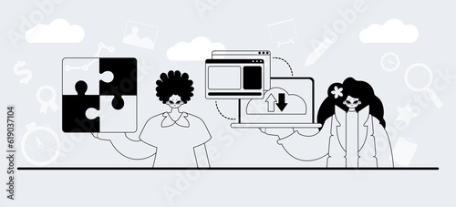 A team that specializes in SEO . trendy exemplar in a analogue manner. Trendy style, Vector Illustration