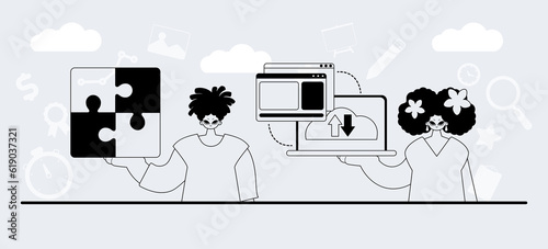 A team that specializes in SEO . trendy exemplar in a analogue manner. Trendy style, Vector Illustration