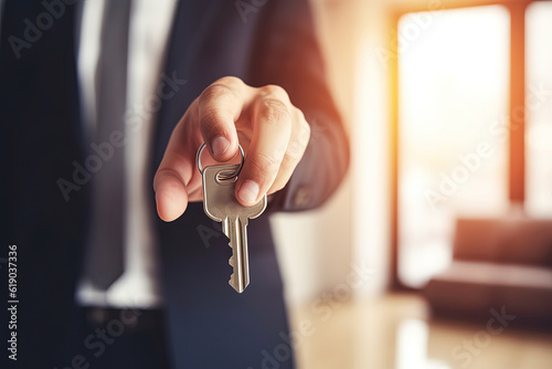 Real estate agent hand holding new house key. Mortgage, investment, rent, property concept. Generative AI