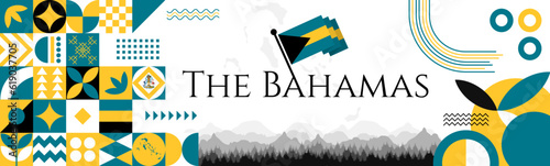 The Bahamas Independence Day abstract banner design with flag and map. Flag color theme geometric pattern retro modern Illustration design. Blue and Yellow flag color template. photo