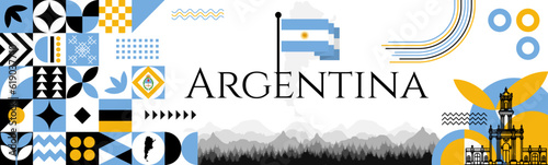 Argentina Independence Day abstract banner design with flag and map. Flag color theme geometric pattern retro modern Illustration design. Blue flag color template.