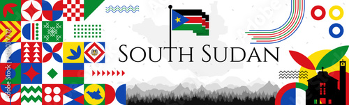 South Sudan Independence Day abstract banner design with flag and map. Flag color theme geometric pattern retro modern Illustration design. Blue, Red, Green flag color template.