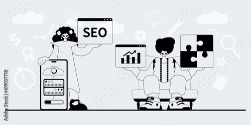 A team that specializes in SEO . trendy exemplar in a analogue manner. Trendy style, Vector Illustration