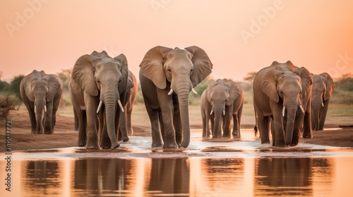 A herd of elephants walking across a river. Generative AI image. photo