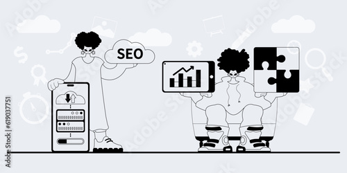 A team that specializes in SEO . trendy exemplar in a analogue manner. Trendy style, Vector Illustration