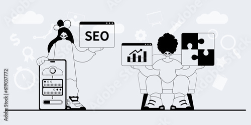 A team that specializes in SEO . trendy exemplar in a analogue manner. Trendy style, Vector Illustration