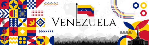 Venezuela independence day abstract banner design with flag and map. Flag color theme geometric pattern retro modern Illustration design. Blue flag color template.