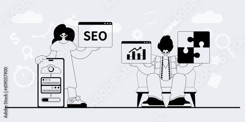 A team that specializes in SEO . trendy exemplar in a analogue manner. Trendy style, Vector Illustration